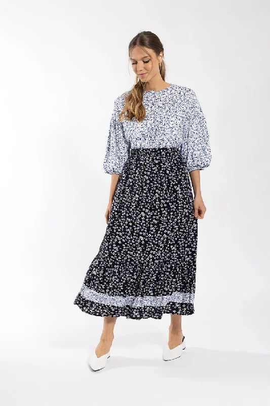 Polka dot silk skirt-Maple Cliff Blk/Blue Floral Contrast Midi Skirt 5455