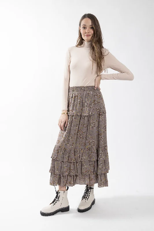 Cargo silk skirt-Maple Cliff Taupe Ruffle Tier Floral Skirt 5518