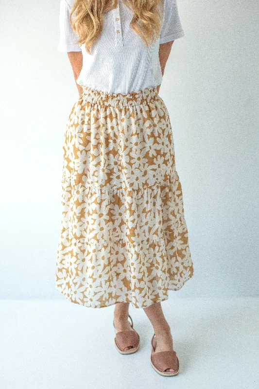 Silk cotton skirt-'Marisol' Flower Poplin Tiered Midi Skirt in Golden FINAL SALE