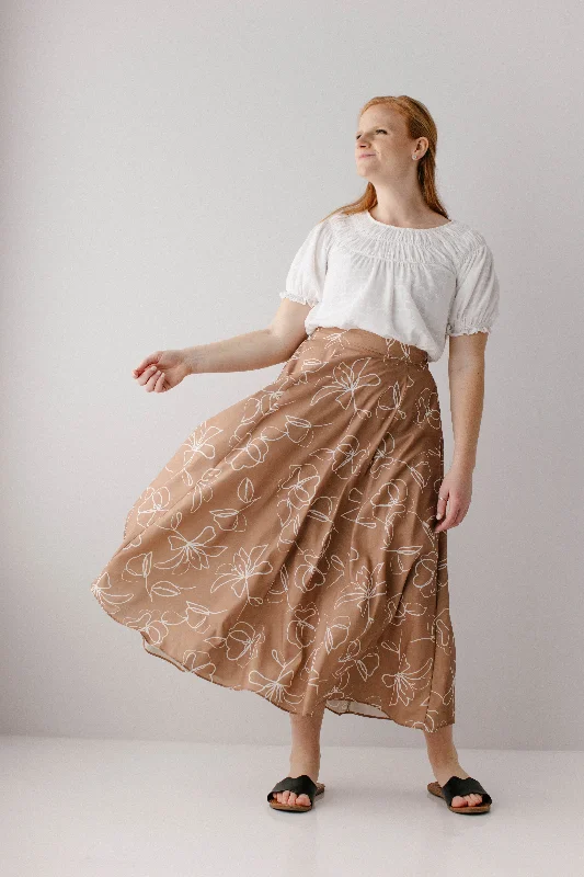 Black silk skirt-'Meadow' Abstract Floral Flared Midi Skirt in Mocha FINAL SALE