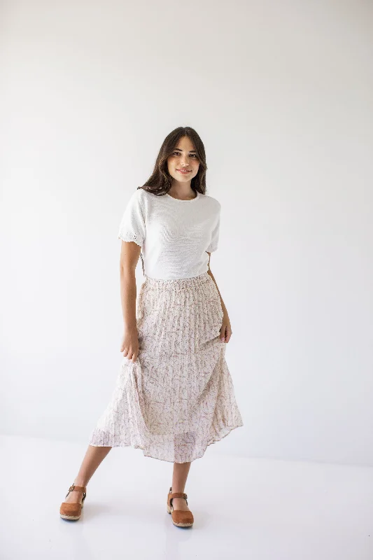 Asymmetrical satin skirt-'Melinda' Foliage Floral Pleated Midi Skirt in Cream FINAL SALE