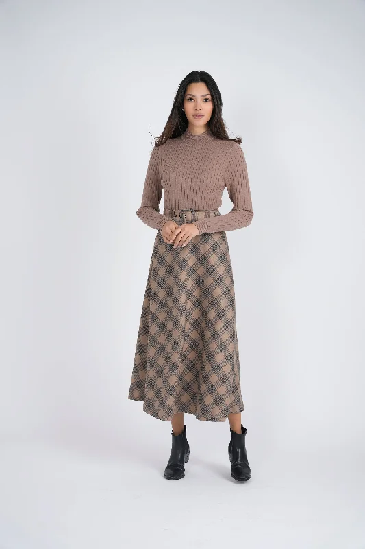 Pencil denim skirt-Midi Charcoal Plaid Belted Skirt WB3CM8581SM