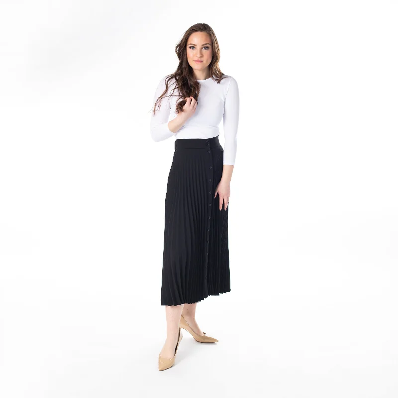 Embroidered silk skirt-Mosaic Black Pleated Midi with Buttons 2456