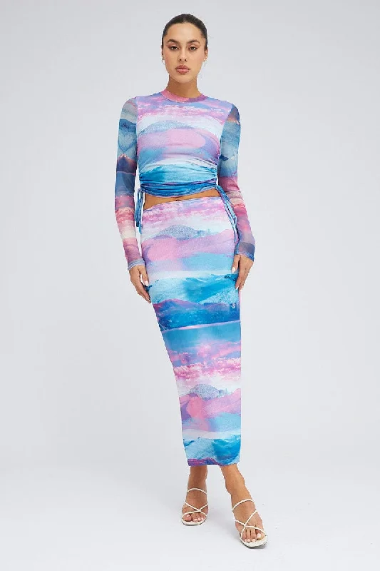 Asymmetrical denim skirt-Pink Abstract Midi Skirt Mesh