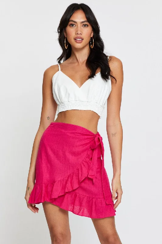 Red satin skirt-Pink Linen Blend Frilled Wrap Mini Skirt