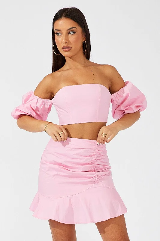 White satin skirt-Pink Mini Skirt Ruched Detail Ruffle Hem