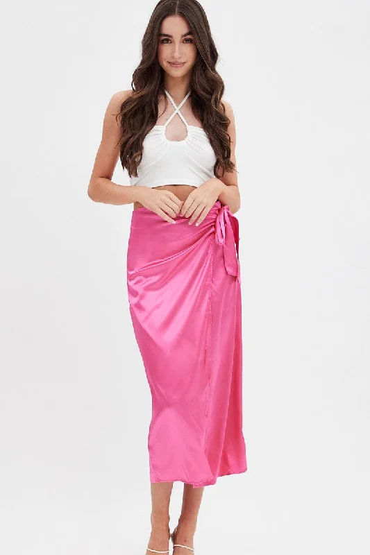 Pleated silk skirt-Pink Twist Midi Skirt