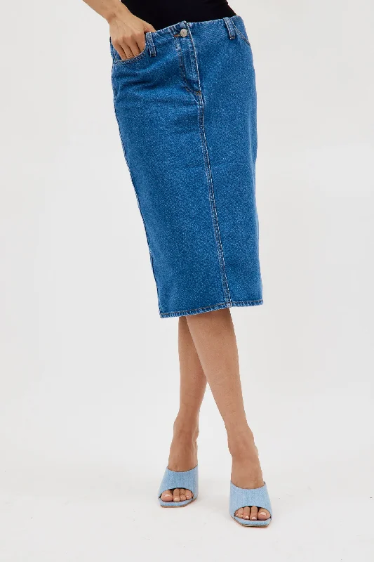 A-line denim skirt-Knee Length Blue Denim Pencil Skirt