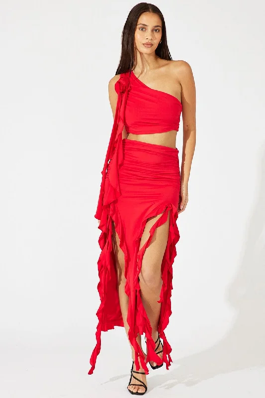 Smocked silk skirt-Red Ruffle Maxi Skirt