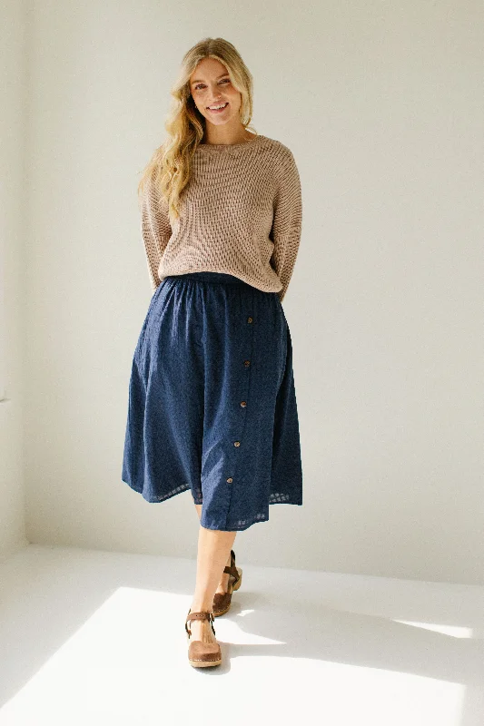 Fringe satin skirt-'Reva' Side Button Detail Midi Skirt in Navy FINAL SALE