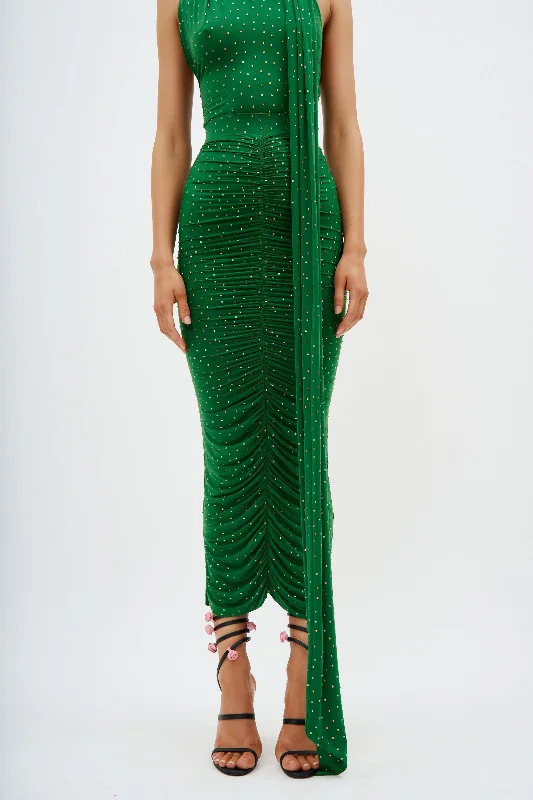 Pleated cotton skirt-Ruched Crystal Jersey Emerald Skirt