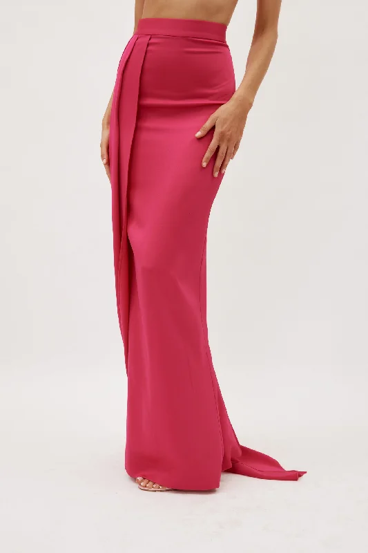 High-low cotton skirt-Satin Crepe Column Raspberry Skirt with Sash