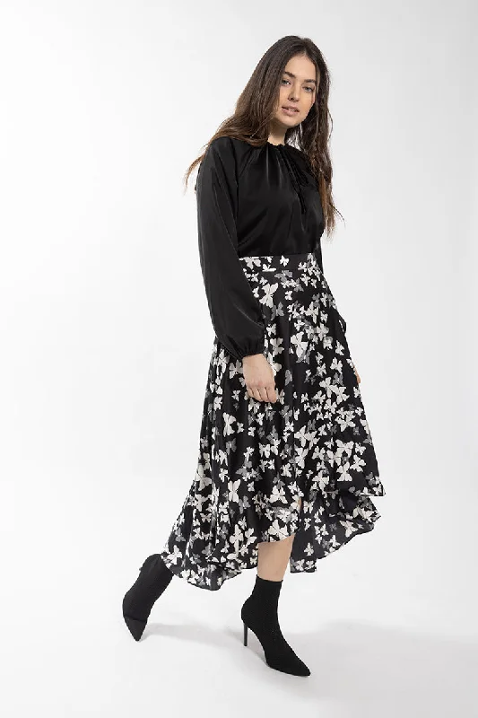 Plaid denim skirt-Static Black Butterfly Print Hi-Lo Skirt 874B