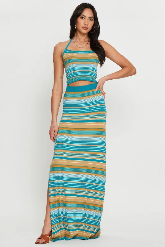 Maxi denim skirt-Stripe Knit Skirt Maxi