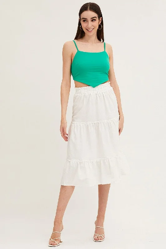 Embroidered satin skirt-White Tiered Midi Skirt